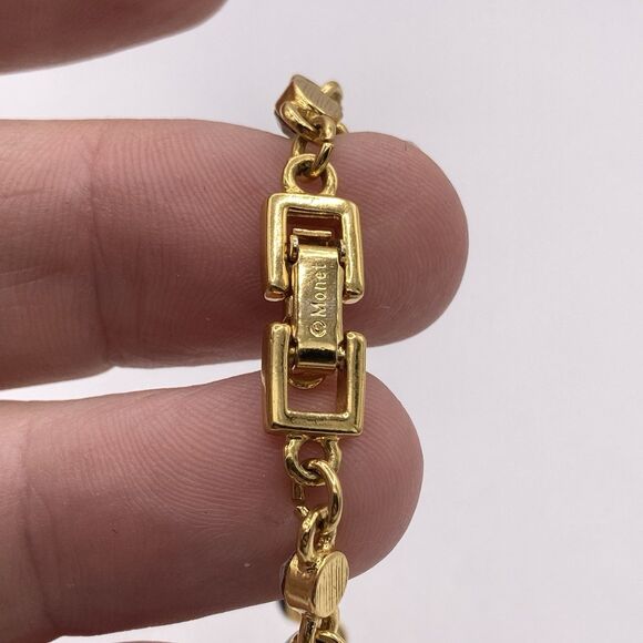Vintage Monet Bracelet Gold tone Black enamel Clear Crystal Art Deco Geometric - Picture 5 of 5